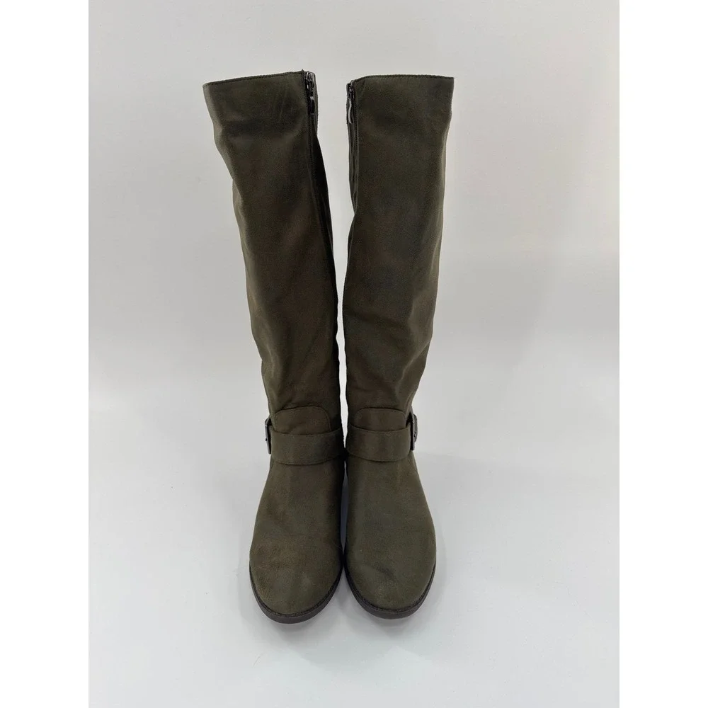 Journee Women's Olive Green Knee High Boots Buckle Side‎ Zip Faux Suede Size 7.5